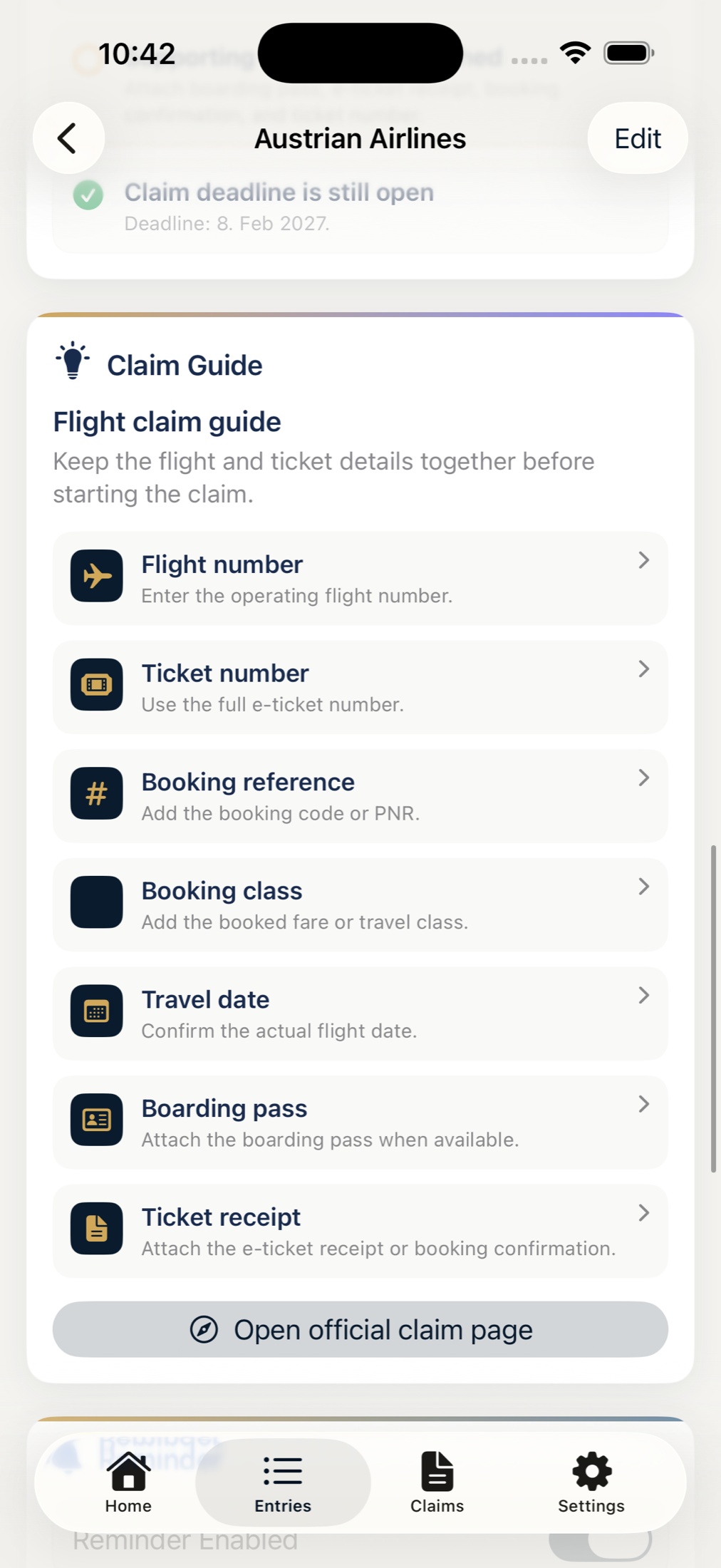MileLedger flight Claim Guide listing required claim details and documents