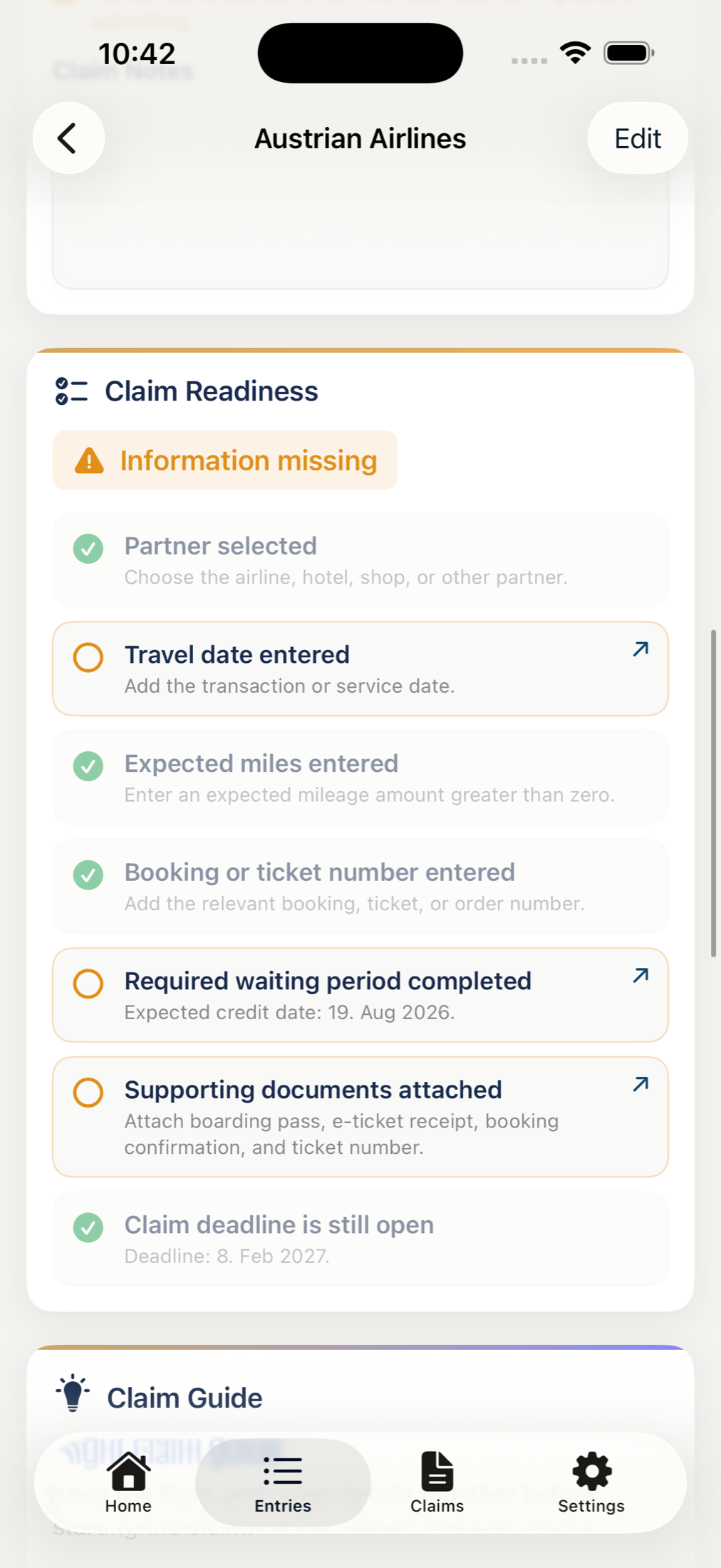 MileLedger Claim Readiness checklist showing completed and missing information