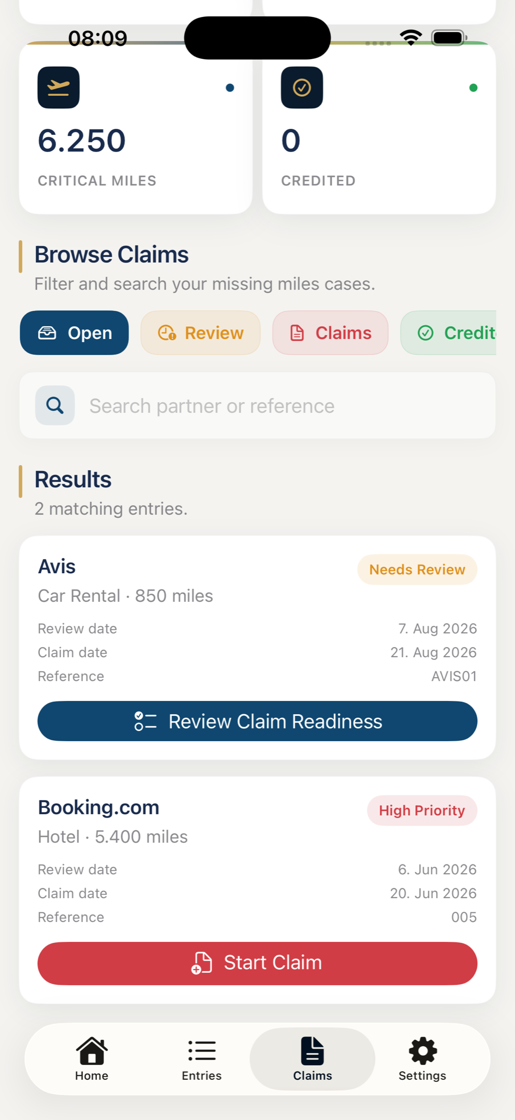 MileLedger claims screen highlighting cases ready for review or a claim