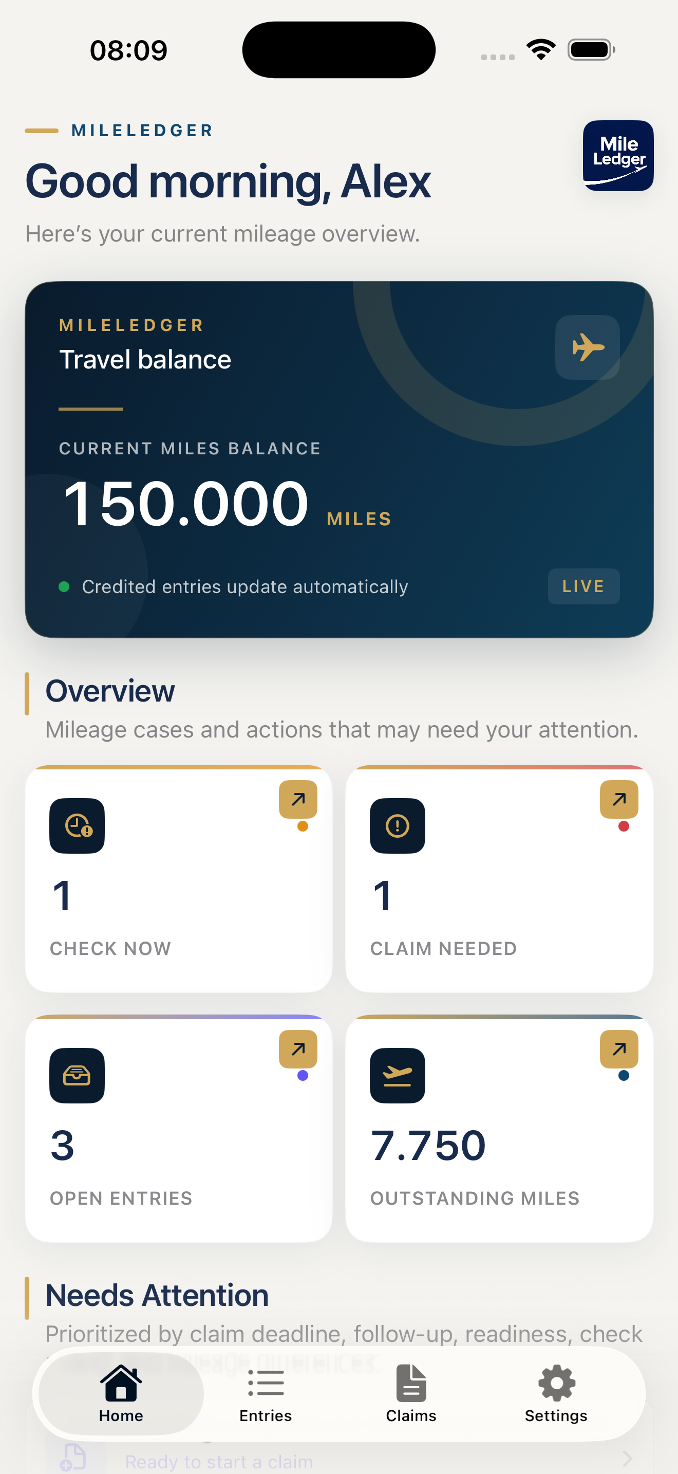 MileLedger dashboard with mileage balance and attention cards