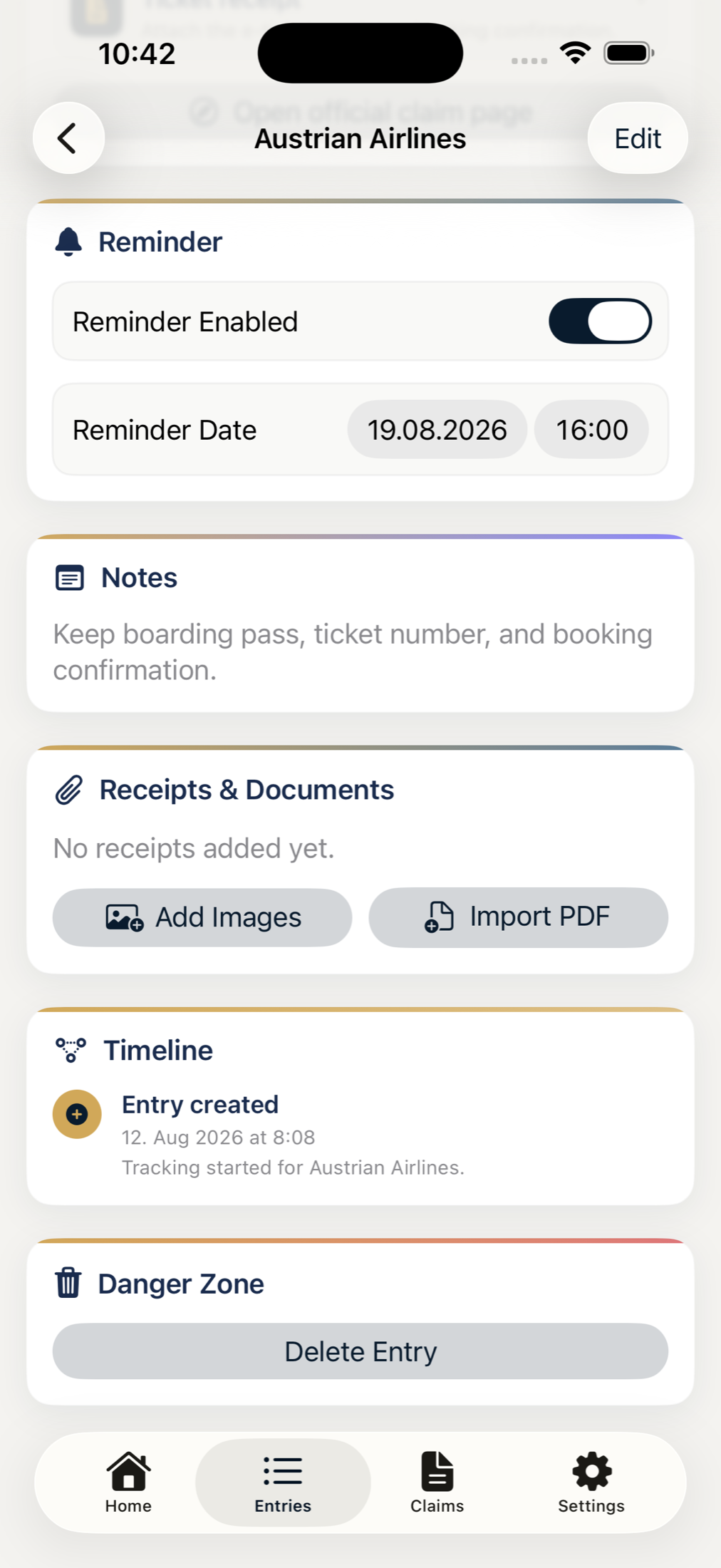 MileLedger entry detail showing reminders, notes, receipt and PDF attachments, and timeline