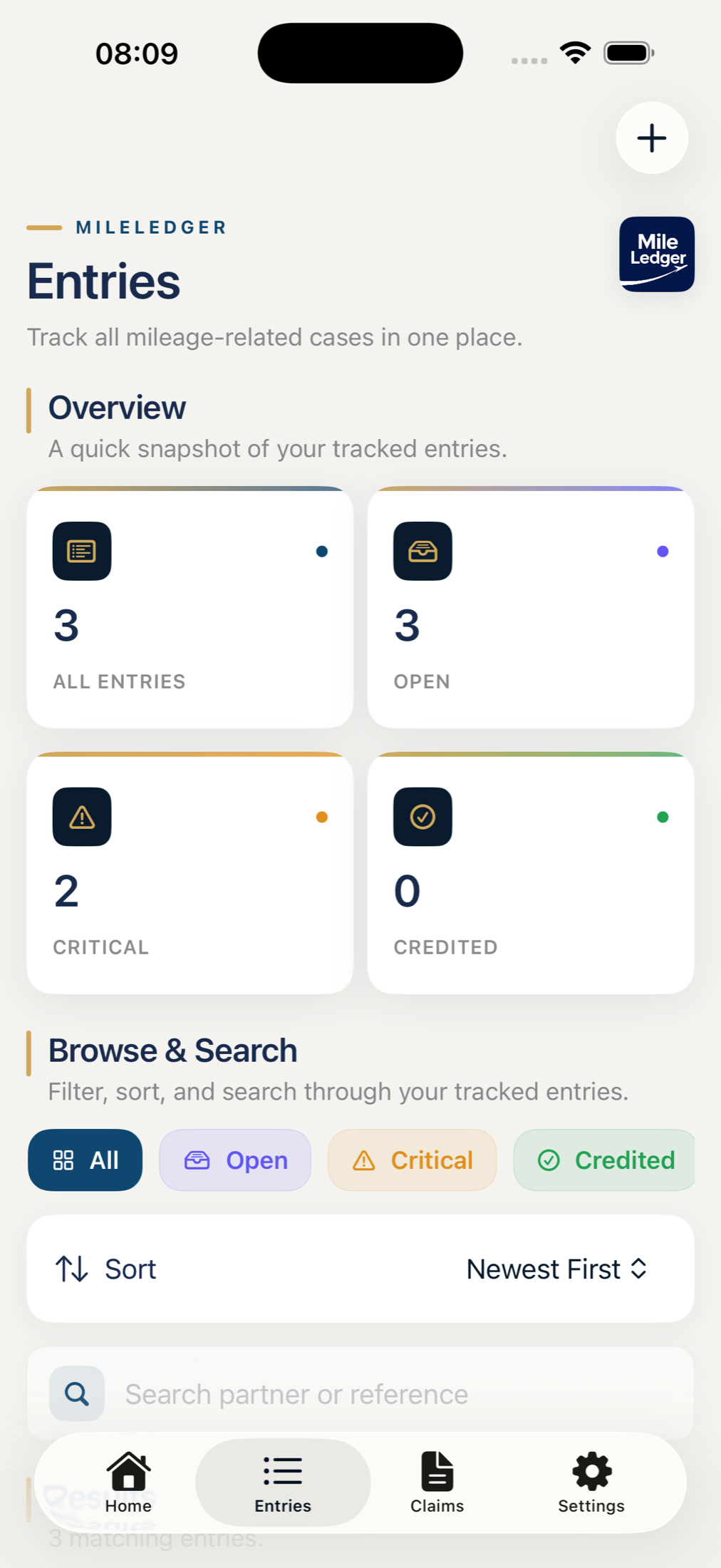 MileLedger entries screen with overview cards, filters, sorting, and search