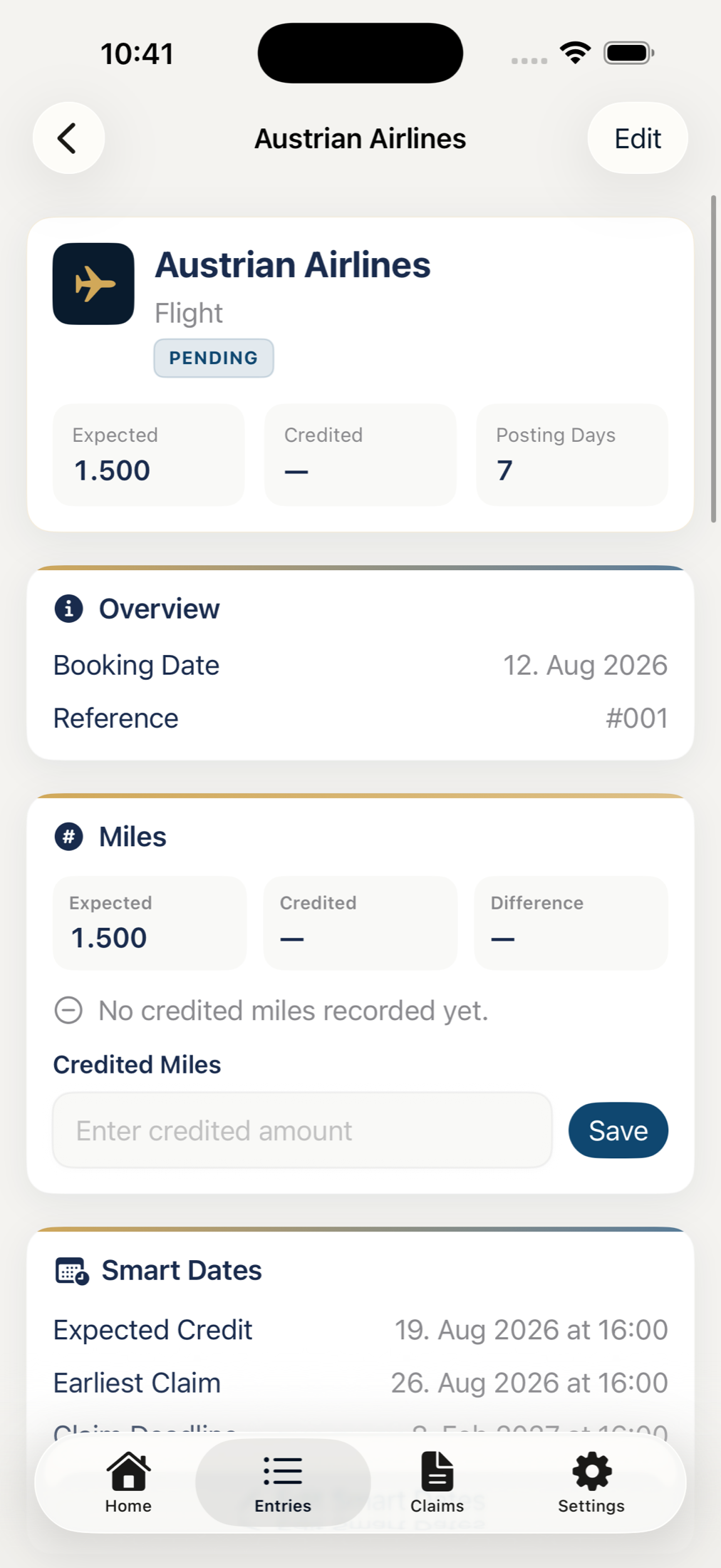 MileLedger entry detail showing expected and credited miles plus smart dates