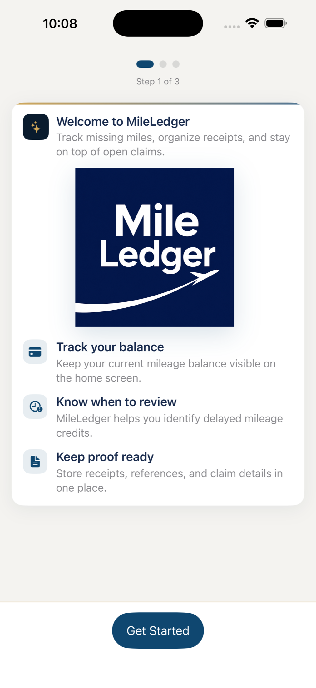MileLedger onboarding explaining balance tracking, review dates, and proof storage