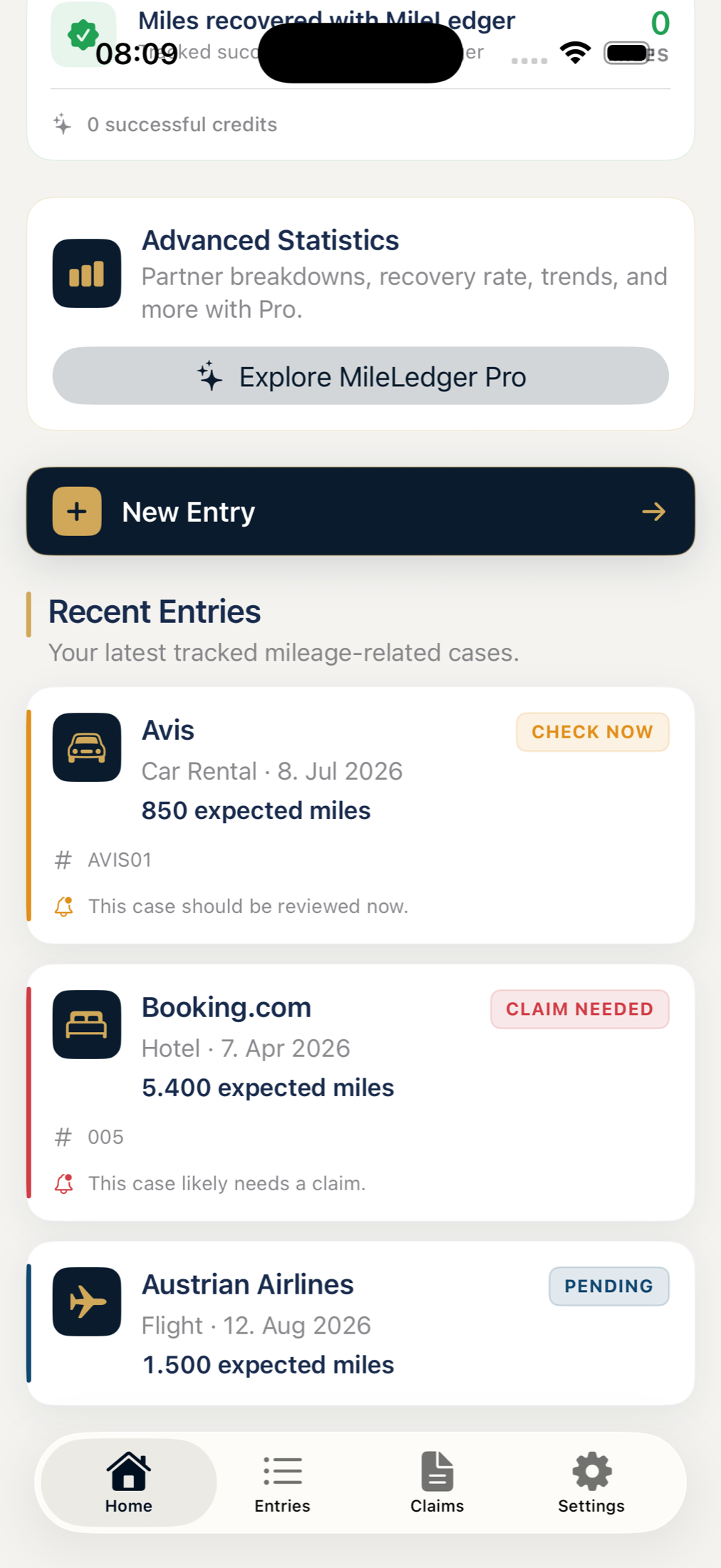 MileLedger home screen showing recent entries and their current statuses